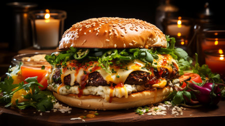 Cheese burger - American cheese burger with fresh salad on wooden background.の素材