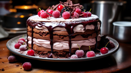 Chocolate cake with raspberries, blackberries and cherries.の素材