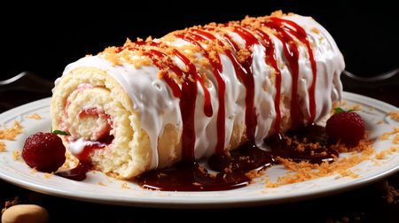 Cake rolls with strawberry sauce on a white plate on a black background.の素材