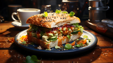 Vegetarian sandwich with avocado, tomato, cucumber and sesame seeds.の素材