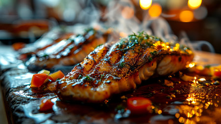 Grilled salmon steak on a black plate.の素材