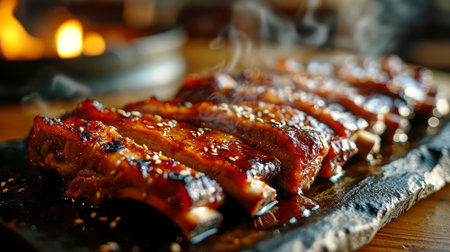 Grilled pork ribs on black plate, closeup. Barbecue.の素材