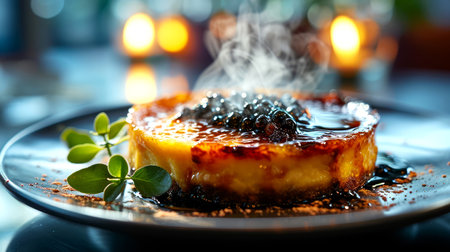 Creme brulee or creme brulee with chocolate sauce and blackberriesの素材