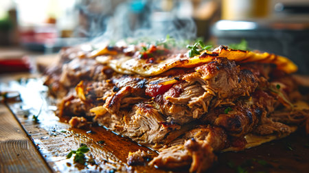 Traditional Turkish Doner Kebab on a rustic wooden table.の素材