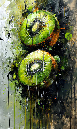 Watercolor painting of kiwi fruit on a grunge backgroundの素材