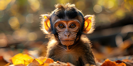 Cute baby chimpanzee sitting in the autumn leaves in the forestの素材