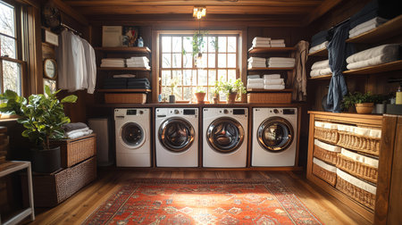 Laundry room interior with washing machine and towels on wooden floorの素材