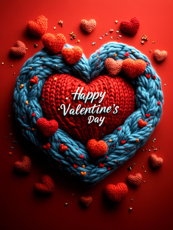 Valentine's day greeting card with knitted heart on red backgroundの素材