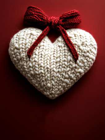 White knitted heart with a red bow on a red background.の素材
