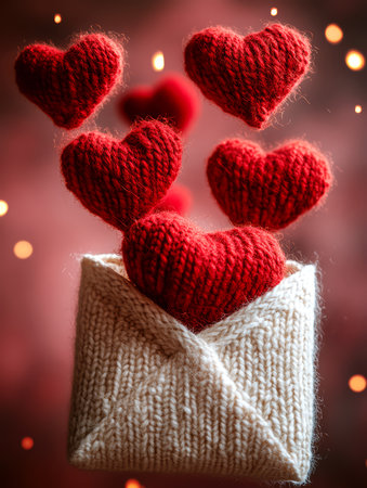 Red hearts in a white envelope on bokeh background. Valentine's Day.の素材