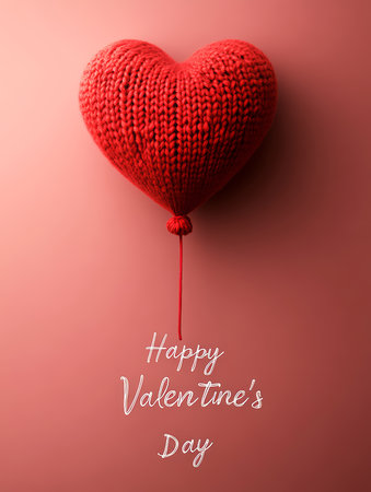 Valentine's day greeting card with knitted heart on red backgroundの素材