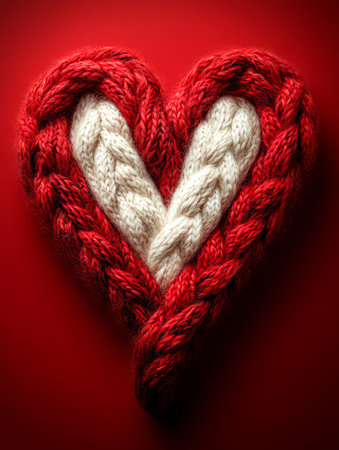 Handmade knitted heart on a red background. Toned.の素材