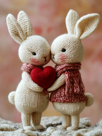 Valentine's day background with two knitted bunnies holding red heartの素材