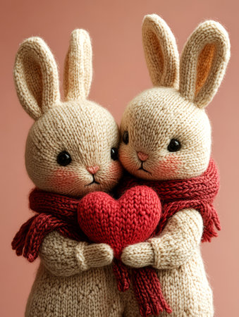 Two cute knitted bunnies with red heart on pink backgroundの素材