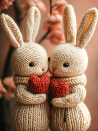 Two cute knitted bunnies with a red heart on a branchの素材