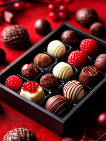 Assorted chocolates in a box on a red background.の素材