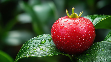 Ripe red cherry with water drops on green leaves, closeupの素材