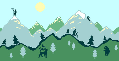 Flat design modern vector illustration, green spring mountains with animalsのイラスト素材