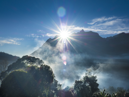 Doi Luang the hilight of Cheingdao in Chiengmai province, Thailand  The sun was up. with tree are at the front as foreground withの写真素材
