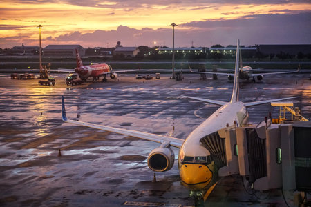 Nok Air and Air Asia Airplane at Don Mueng Airport, Bangkok, Thailandのeditorial素材