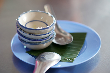 Finished empty Thai coconut milk custard dessert, kanom tuayの写真素材