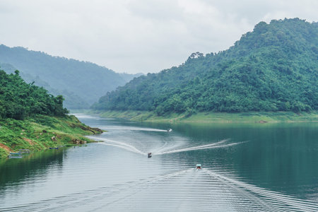 dam river green mountain view, forest, boat ride, travel thailand