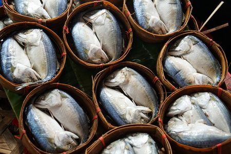 thai gulf steamed mackerel fish at marketの写真素材