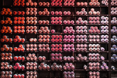 abstract colourful spray bottles on the shelfの写真素材