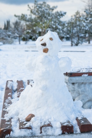 winter landscape with snowman on the bench close upの写真素材