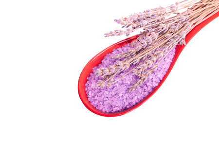 Aromatic lavender sea salt isolated on white backgroundの写真素材