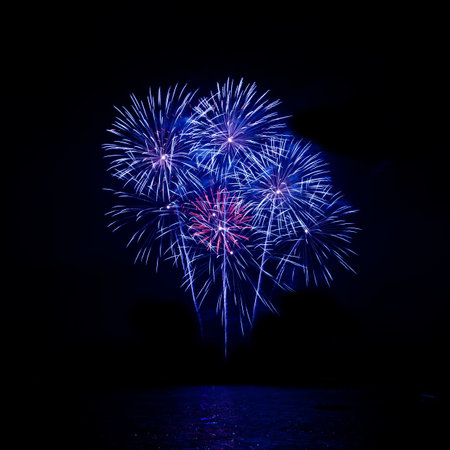 Colorful fireworks on the black sky background の写真素材