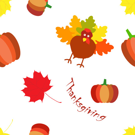 Thanksgiving day seamless colorful pattern with cartoon pumpkin, leaves, turkeyのイラスト素材