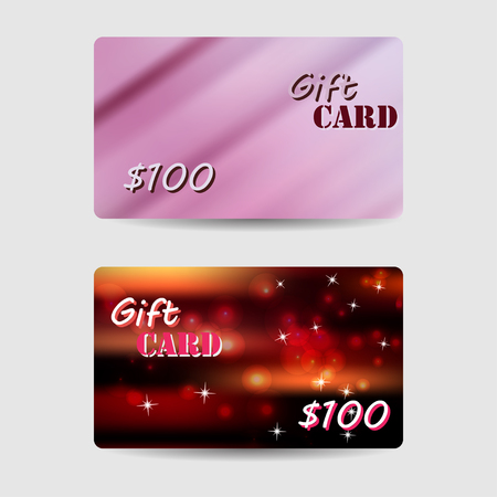 Set of gift cards, coupon, discount cards with violet blur, red and black defocus bokeh background.のイラスト素材