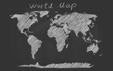 World map hand drawn chalk sketch on a blackboard. Vector illustration.のイラスト素材