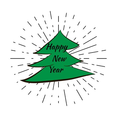 Happy new year and Christmas Tree with vintage sun star burst frame. Holiday concept vector backgroundのイラスト素材