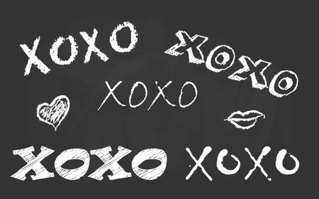 Hand drawn free typography lettering Xoxo. Love Hugs and Kisses Text Message. Vector Illustration Design Template for banner, flyer, postcard, poster, greeting and invitation card or t-shirt print.のイラスト素材