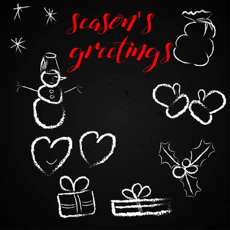 Seasons greetings red text with hand-drawn doodles mittens, snowman, gift boxes, two hearts, Santa's gift bag and holly. Card for winter holidays. Free typography lettering. Vector illustration.のイラスト素材