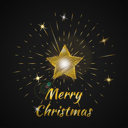 Merry Christmas Golden Lettering Typography and Bright Star on a Black Background. Vector illustration for cards, banners, printのイラスト素材