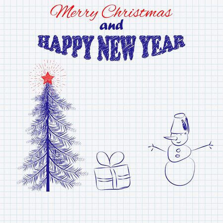 Merry Christmas and Happy New Year hand drawn doodle sketch on a sheet of cell paper. Vector illustration.のイラスト素材
