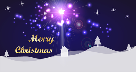 Merry Christmas Golden Lettering Typography and Bright Star on a Dark Blue Winter Lanscape Background. Vector illustration for cards, banners, printのイラスト素材