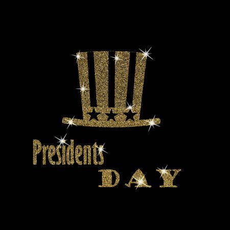 Happy Presidents Day Typography with glitter golden tall hat on a black background. Illustration for cards, banners, printの写真素材