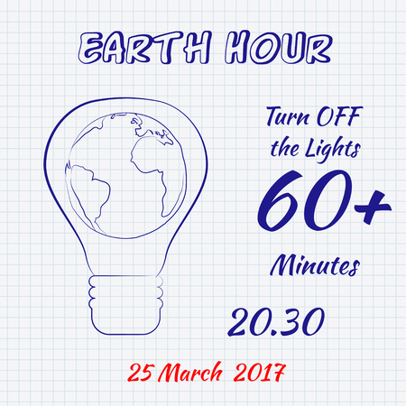 Earth hour 25 March 2017 hand drawn doodle sketch on a sheet of cell paper. Vector illustration for card, banner, posterのイラスト素材