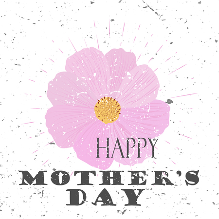 Happy Mothers Day concept with cosmos flower and Lettering Typography with burst on a Old Textured Background. Vector illustration for cards, banners, print.のイラスト素材
