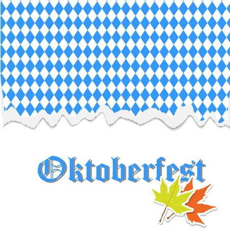 Oktoberfest banner with traditional October festival Bavarian flag pattern with torn paper, typography lettering, autumn maple leaves. Vector illustration for banner, print, promotion, flyer, posterの写真素材