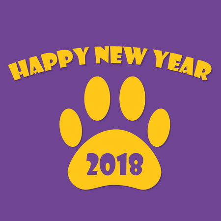 Happy New Year yellow typography with dog footprint and 2018 on a trend ultra violet color background. Vector illustration for cards, banners, print.のイラスト素材