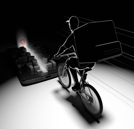 Look at the map app and deliver. Deliver food at night. 3D illustrationの写真素材