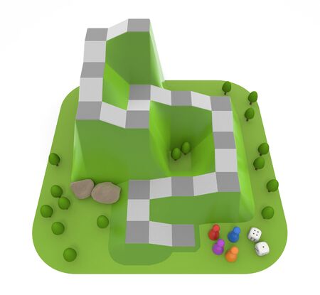 Board Game Inspired by Mountains. A three-dimensional dice game. 3D illustrationの写真素材