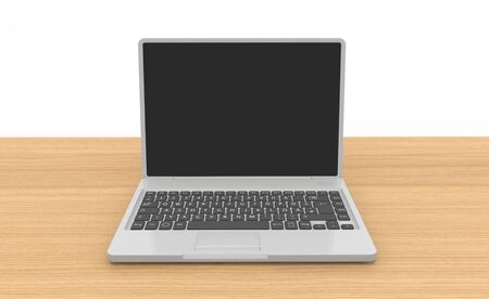 Laptop on the desk. Wood desk. Use a computer. 3D renderingの写真素材