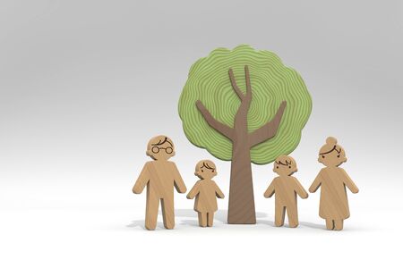 Big tree and family. Family time. A wooden figure. 3D renderingの写真素材