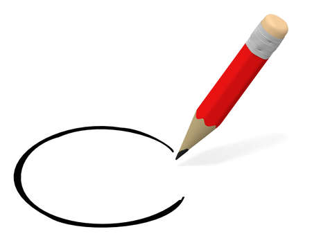 Red color pencil. Write a circle. A pencil with an eraser. 3D renderingの写真素材